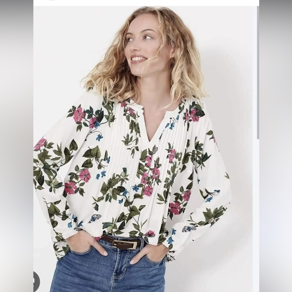 Joules womens Floral Botanical Rosamund Pintuck Pop Over Floral Shirt sz 4 FLAW